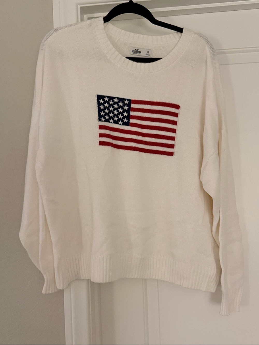 Hollister White Crewneck Sweater with Red & Blue Flag Knit